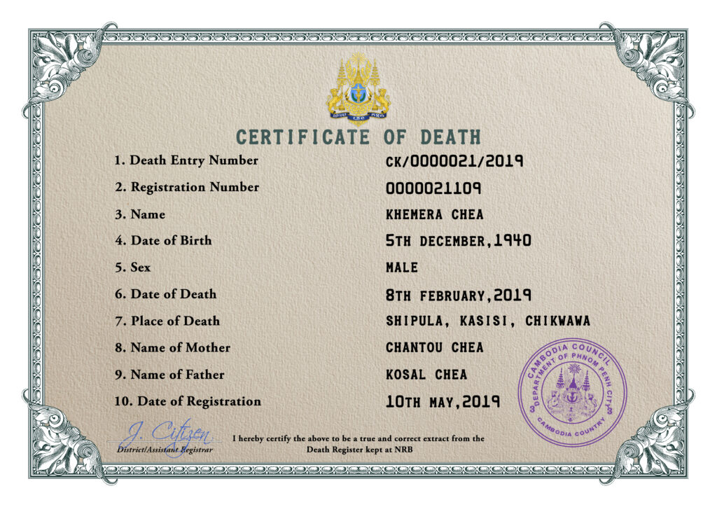 Cambodia vital record death certificate PSD template