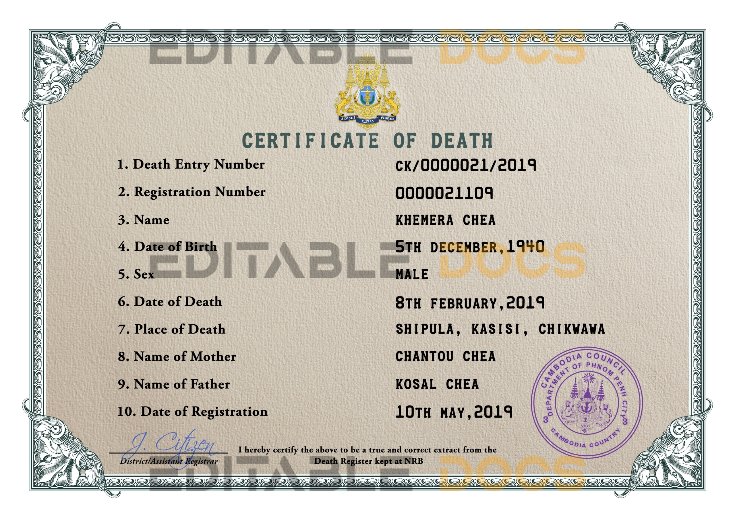 Customizable Cambodia Death Certificate PSD Templates | Instant Download