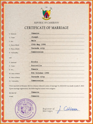 Cameroon Marriage Certificate Editable PSD Templates