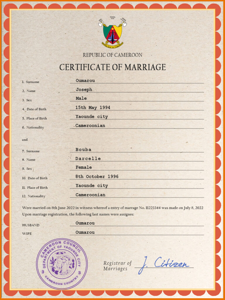 Cameroon Marriage Certificate Editable PSD Templates