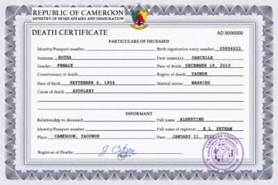 Cameroon death certificate PSD template, completely editable