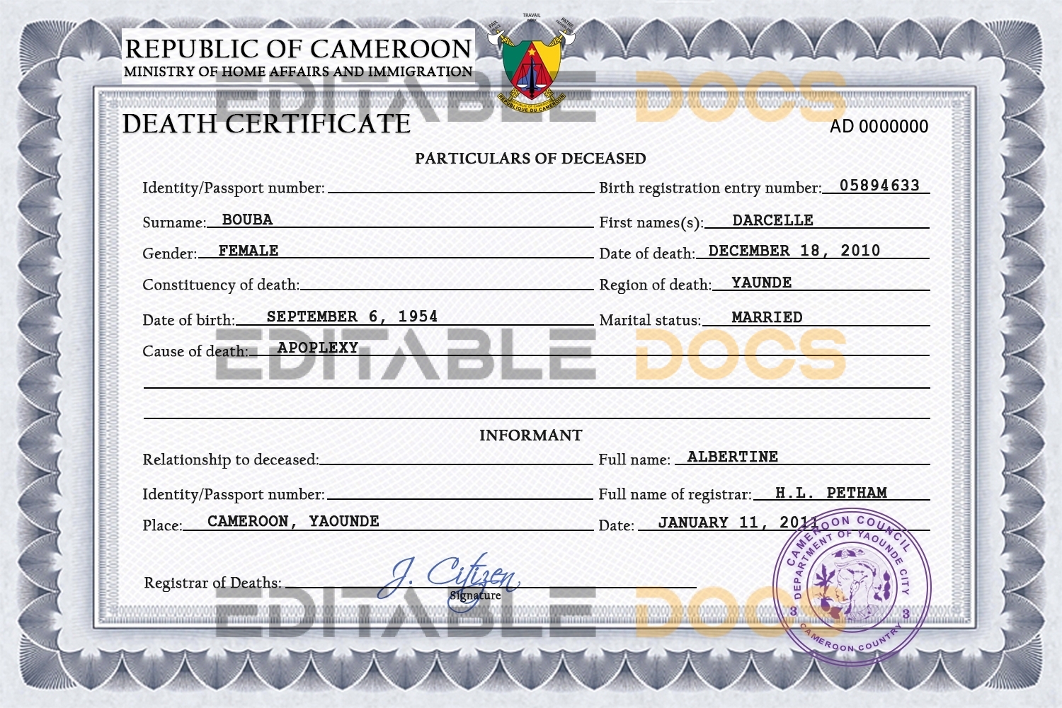 Customizable Cameroon Death Certificate PSD Templates | Instant Download