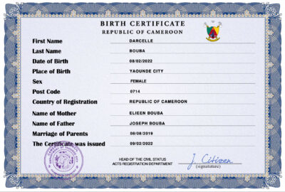 Cameroon vital record birth certificate PSD template