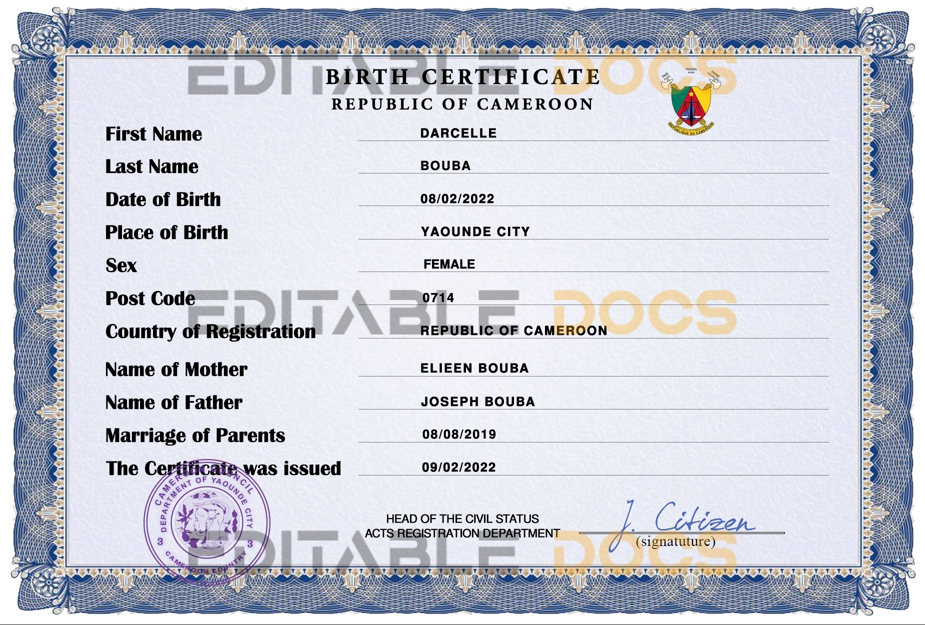 Authentic Cameroon Birth Certificate Template | Customize and Download Online