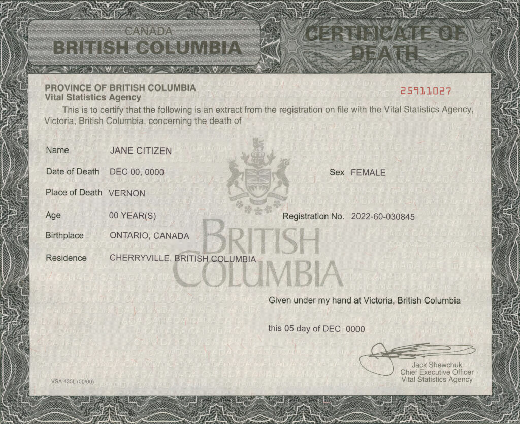 Canada British Columbia death certificate template in PSD format