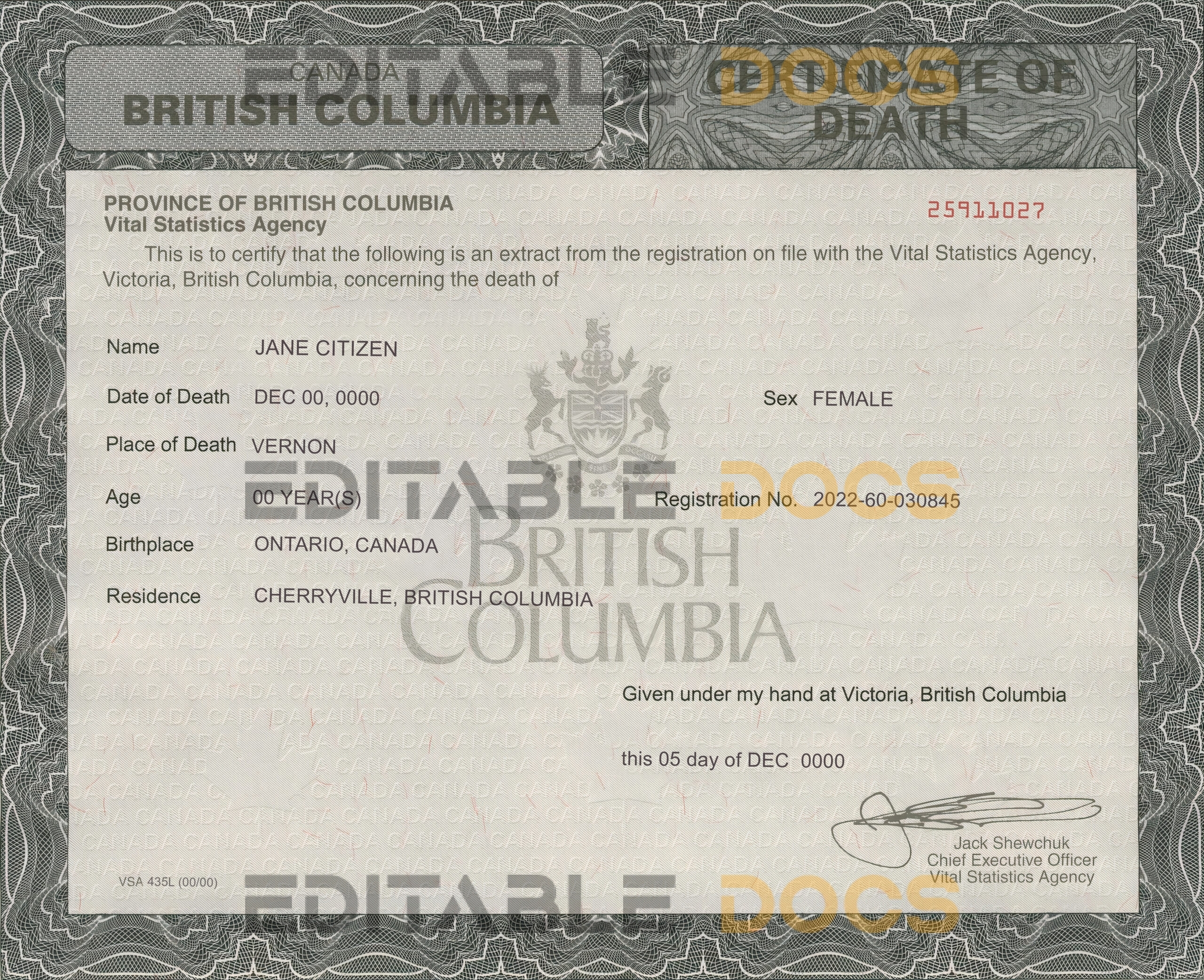 Customizable Canada British Columbia Death Certificate PSD Templates | Instant Download