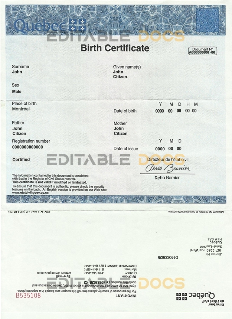 Authentic Canada Quebec Birth Certificate Template | Customize and Download Online