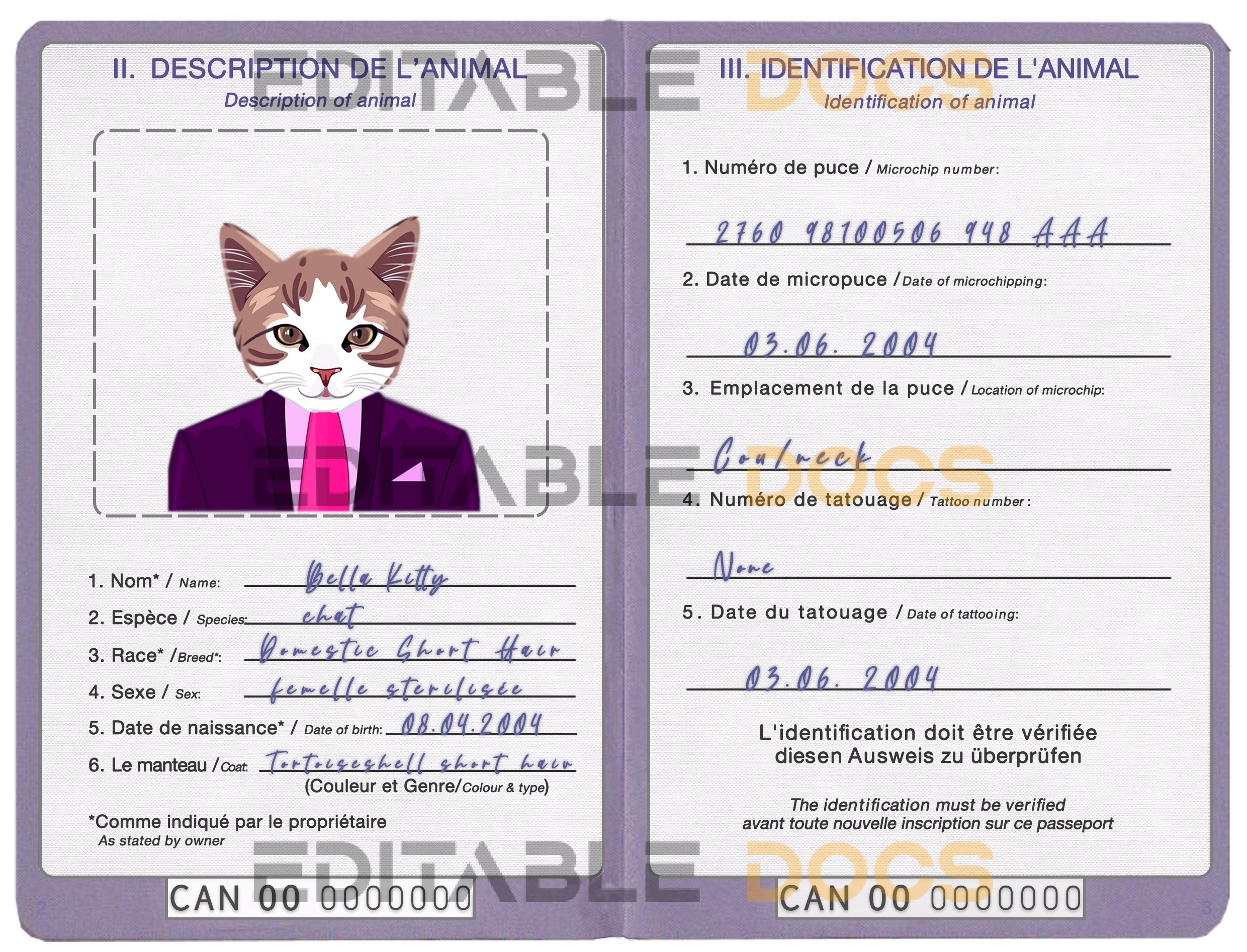 Canada cat Fake PSD Passport | Instant Download