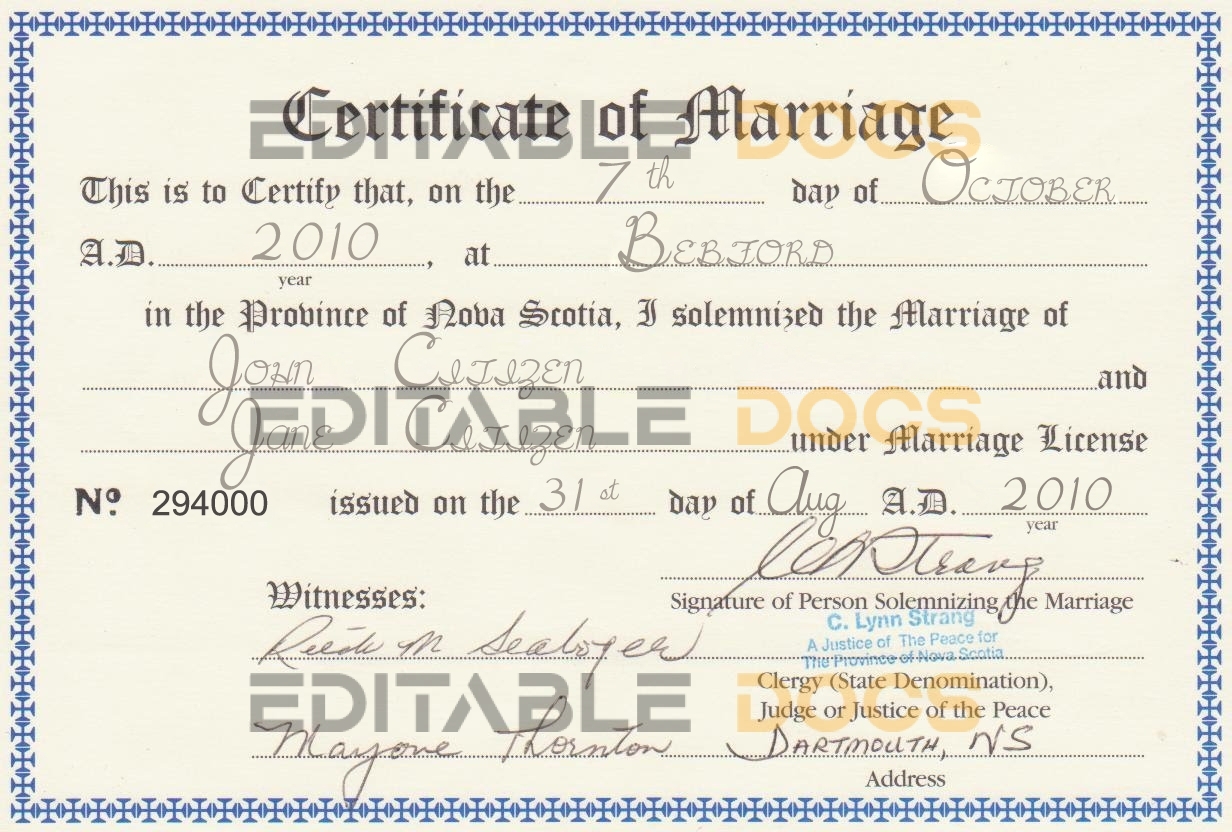 Canada province nova scotia Marriage Certificate | Editable PSD Templates