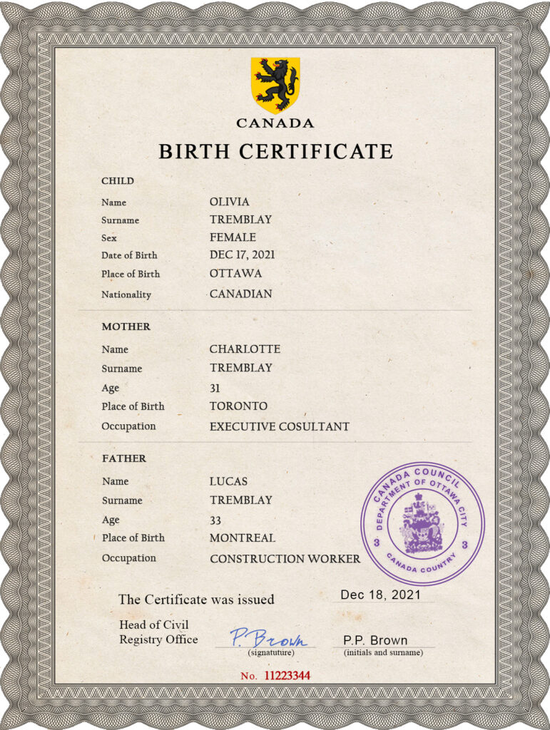 Authentic Canada Birth Certificate Template | Customize and Download Online