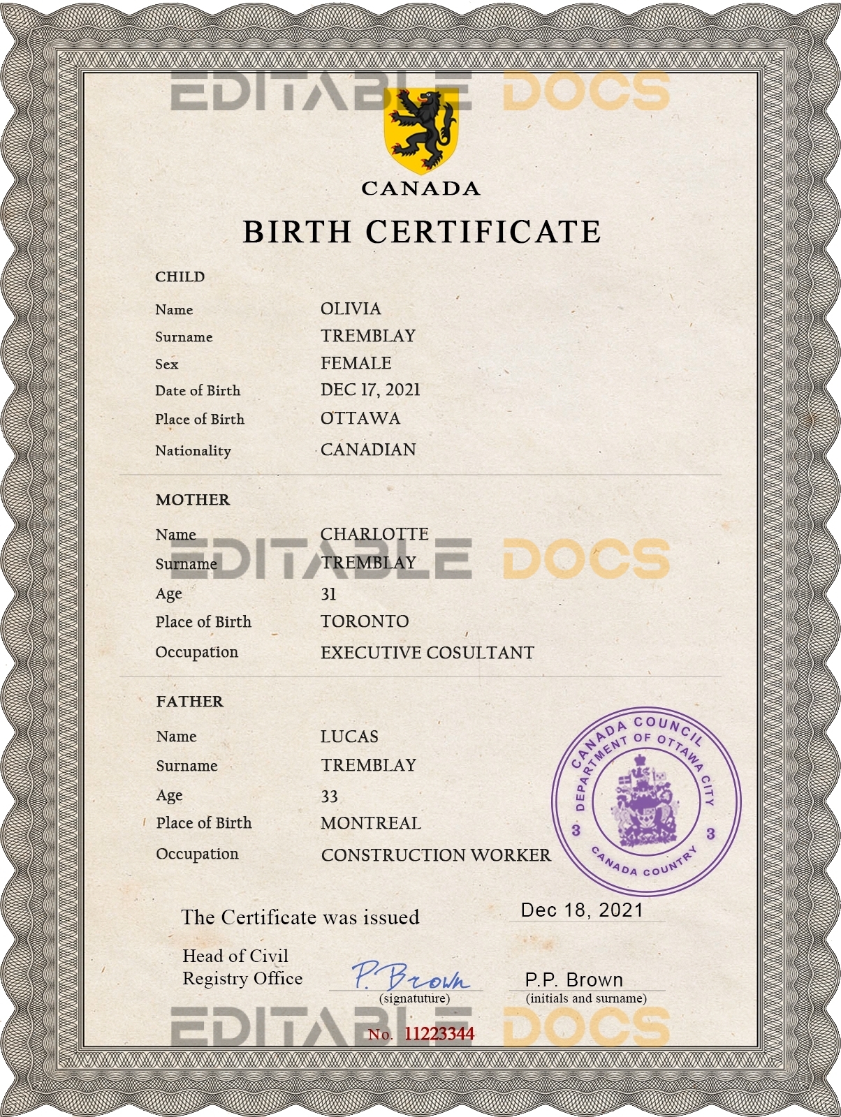 Authentic Canada Birth Certificate Template | Customize and Download Online