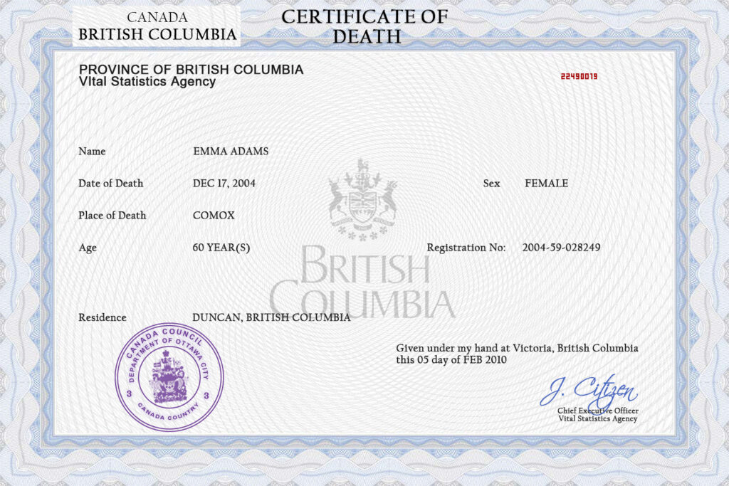 Canada vital record death certificate PSD template, fully editable