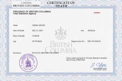 Canada vital record death certificate PSD template, fully editable