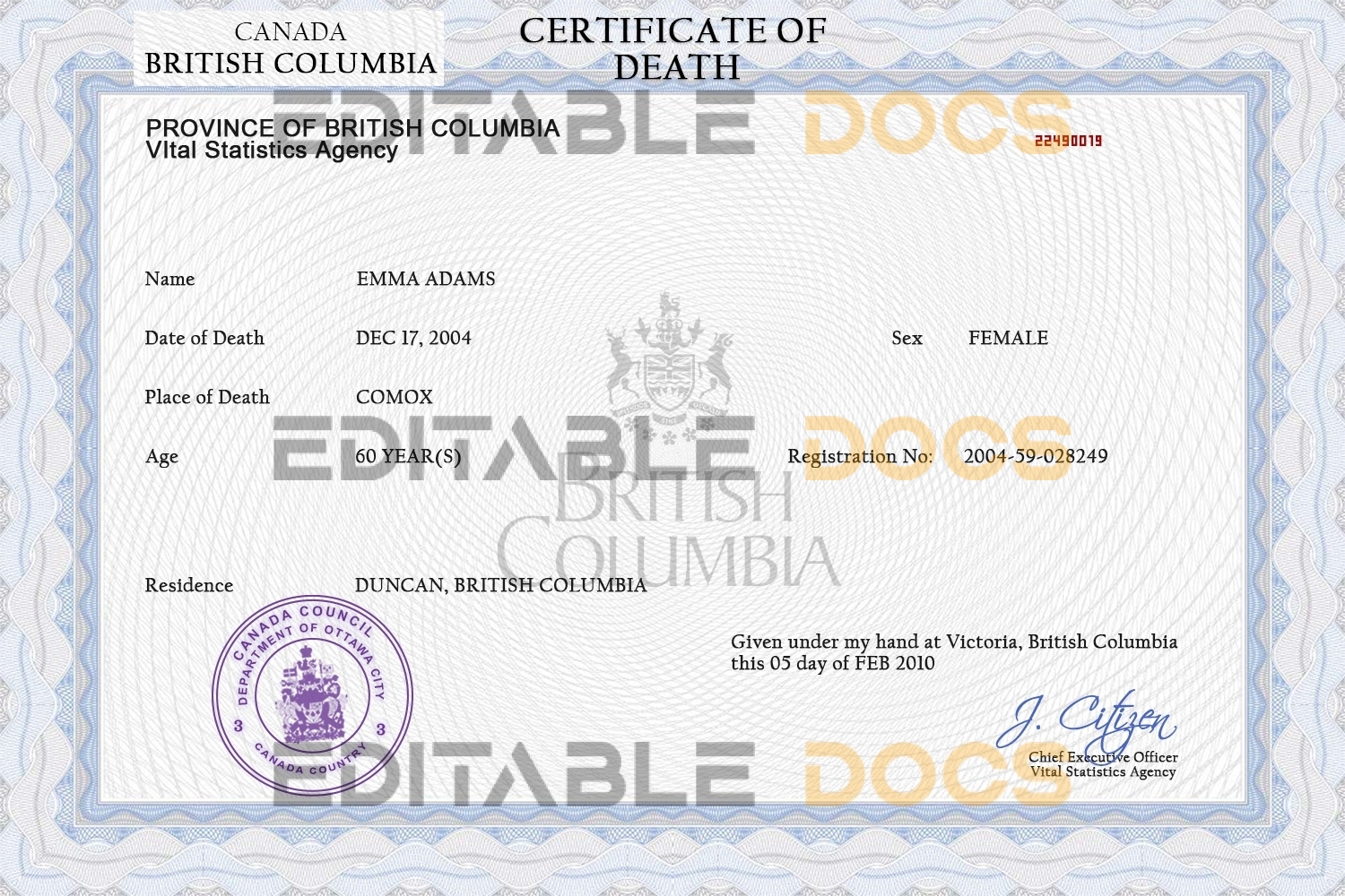 Customizable Canada Death Certificate PSD Templates | Instant Download