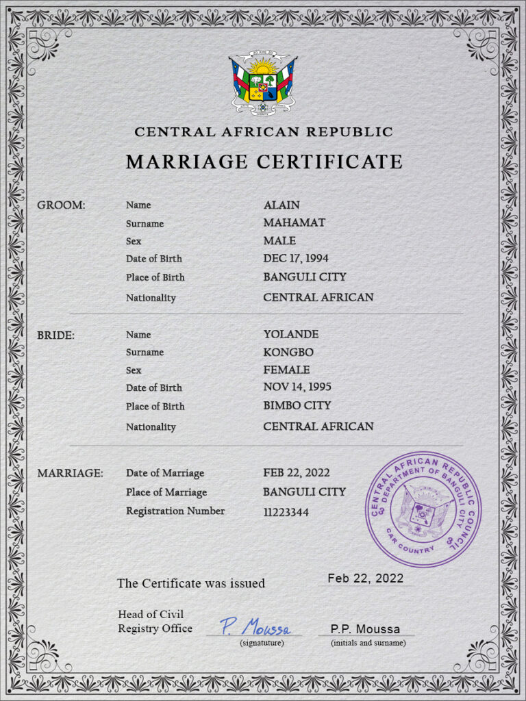Central African Republic marriage certificate PSD template, completely editable