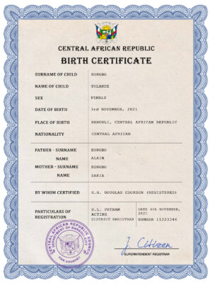 Authentic Central African Republic Birth Certificate Template | Customize and Download Online