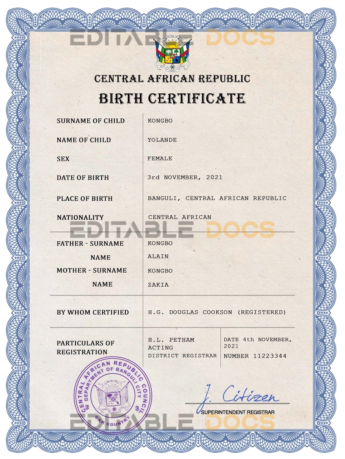 Authentic Central African Republic Birth Certificate Template | Customize and Download Online