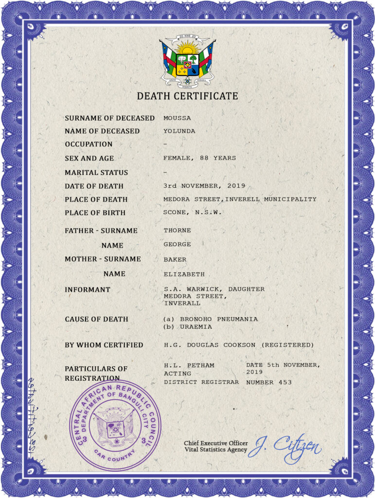 Central African Republic death certificate PSD template, completely editable