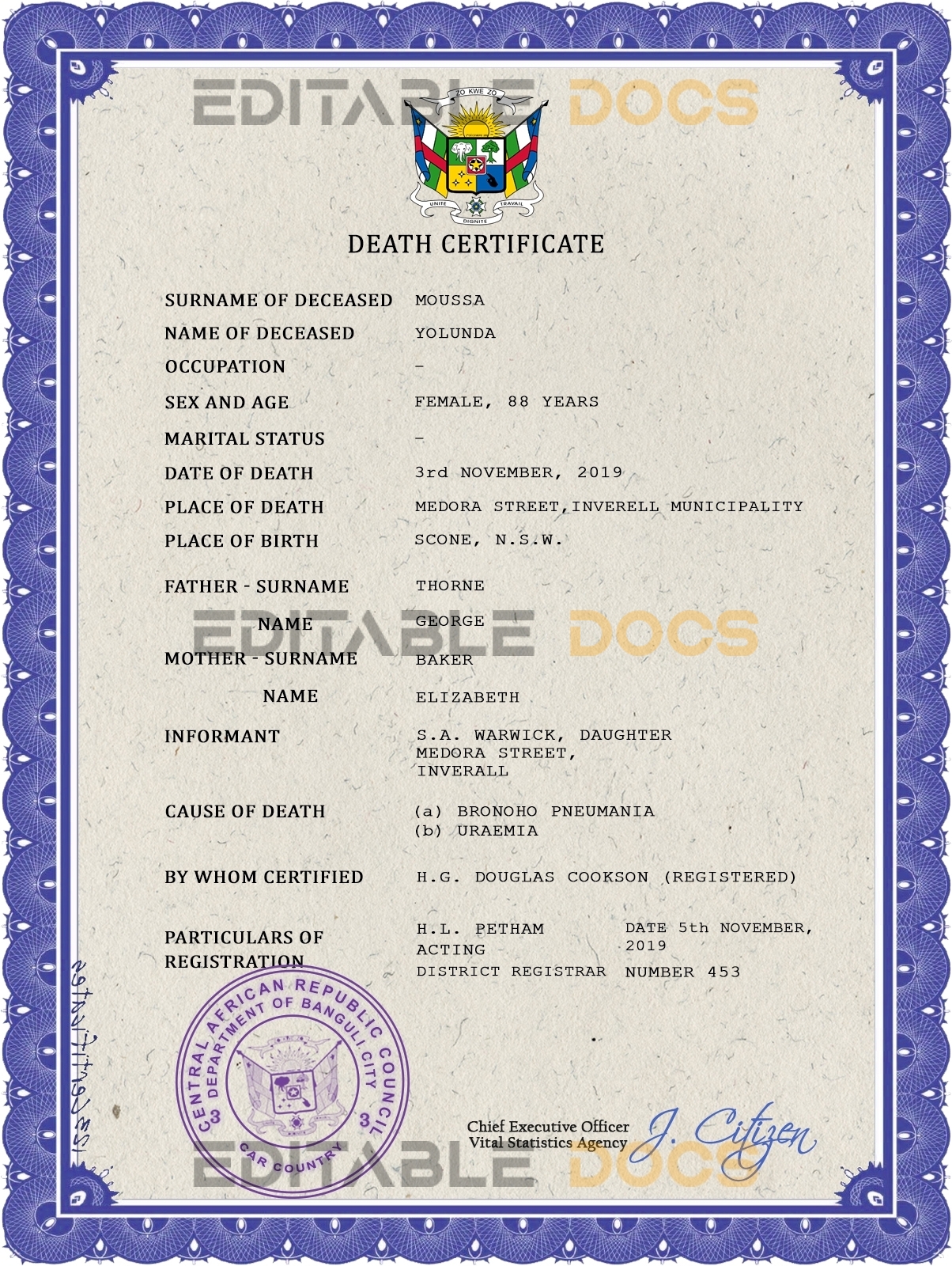 Customizable Central African Republic Death Certificate PSD Templates | Instant Download
