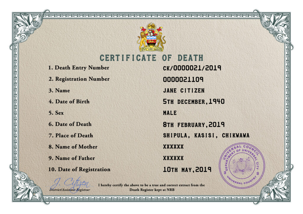 Customizable Certificate Dominate Universal Death Certificate PSD Templates