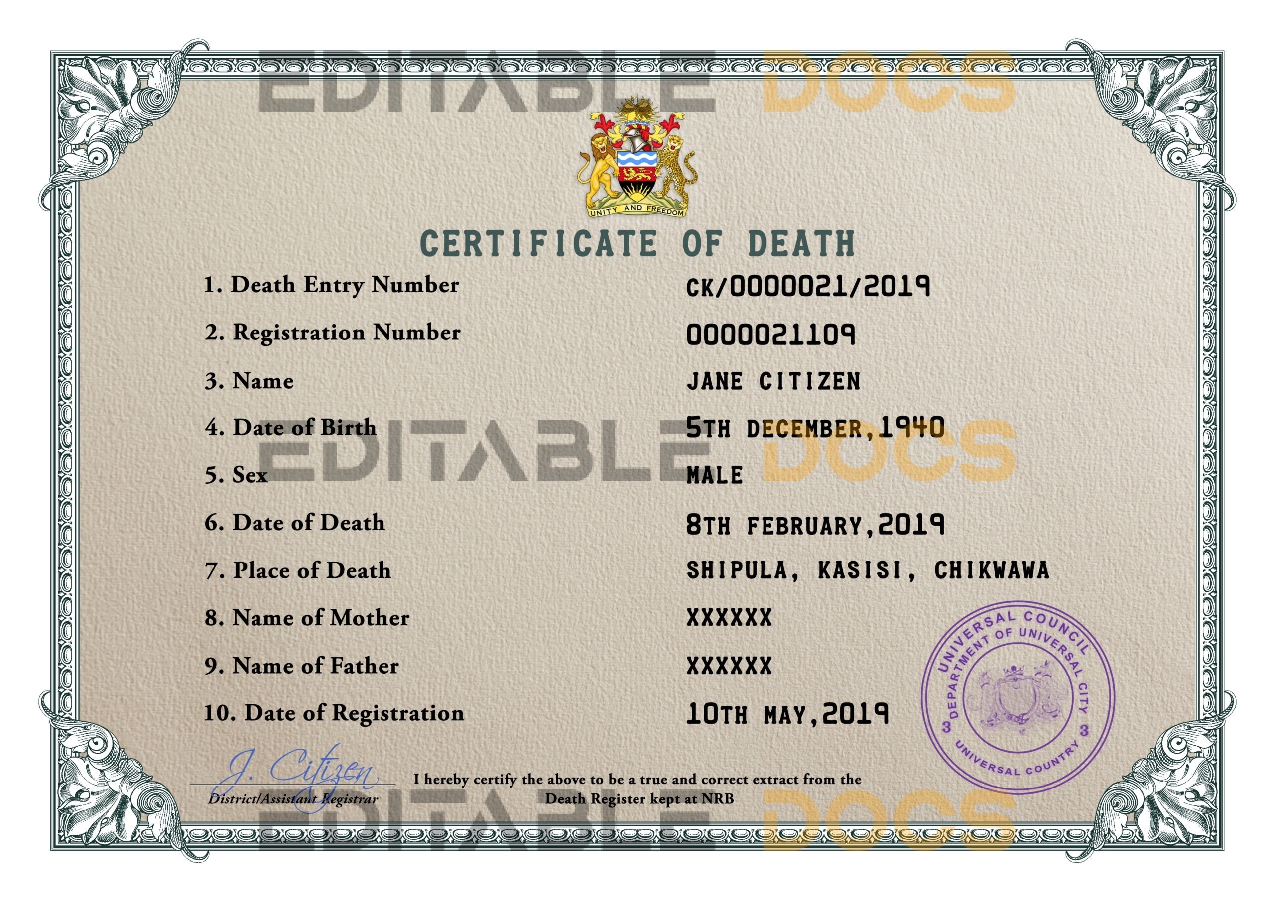 Customizable Certificate Dominate Universal Death Certificate PSD Templates | Instant Download