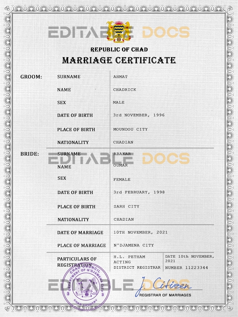 Chad Marriage Certificate | Editable PSD Templates