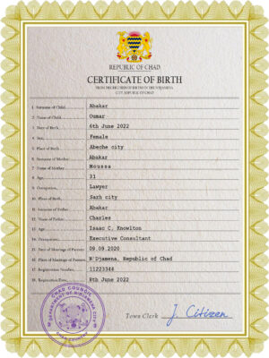 Chad vital record birth certificate PSD template, fully editable