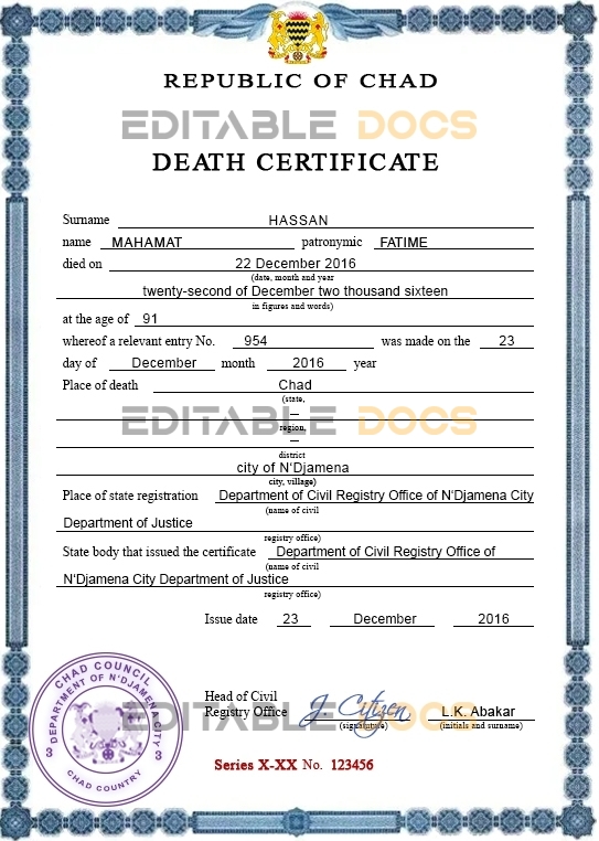 Chad vital record death certificate PSD template, completely editable