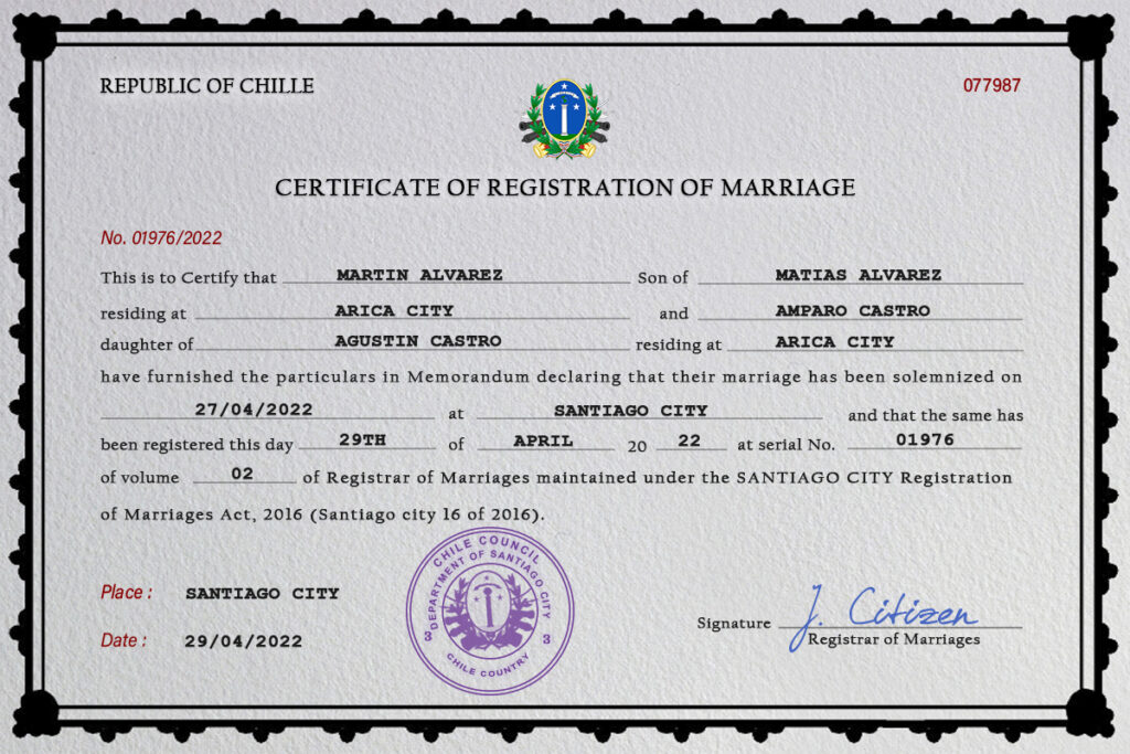Chile Marriage Certificate Editable PSD Templates