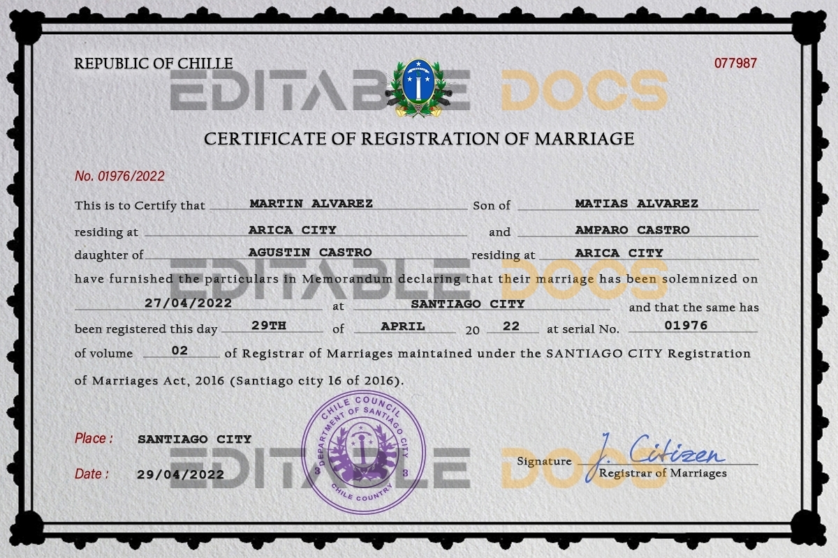 Chile Marriage Certificate | Editable PSD Templates