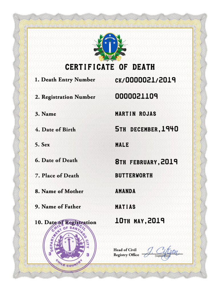 Chile vital record death certificate PSD template