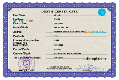 China death certificate PSD template, completely editable