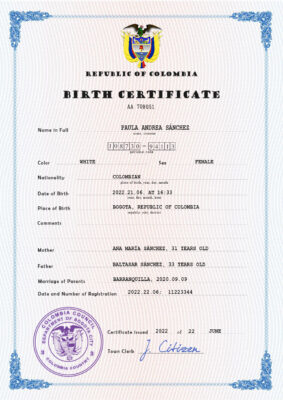 Colombia birth certificate PSD template, completely editable