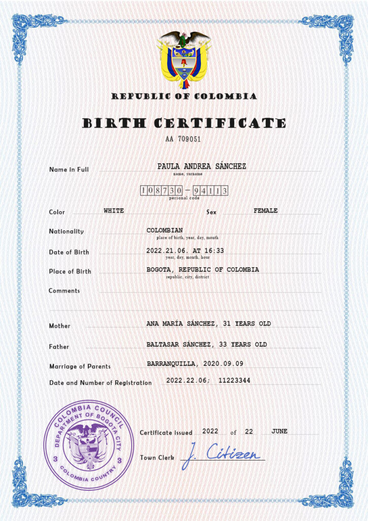 Colombia birth certificate PSD template, completely editable