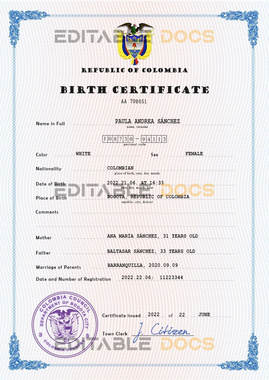 Authentic Colombia Birth Certificate Template | Customize and Download Online