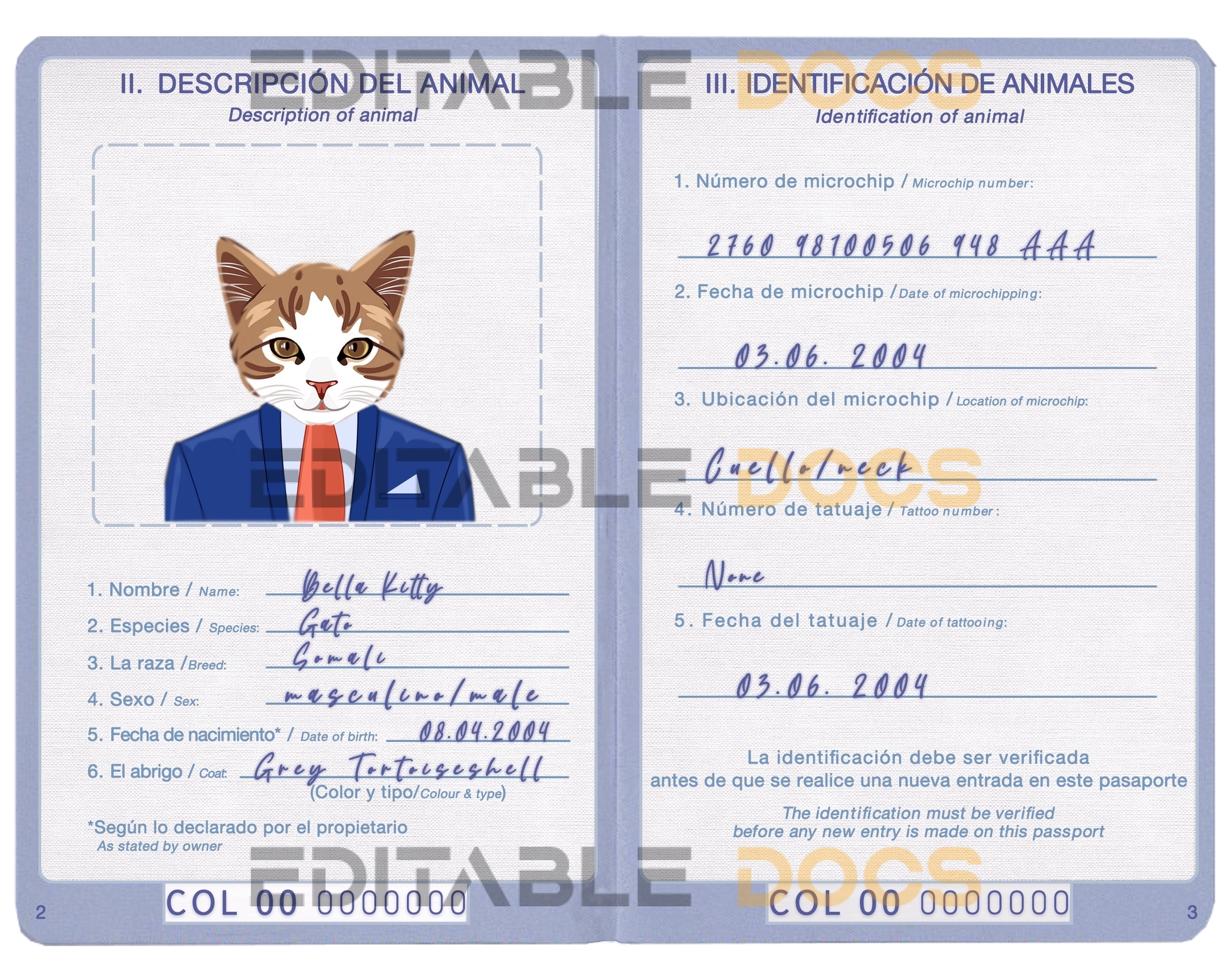 Colombia cat Fake PSD Passport | Instant Download
