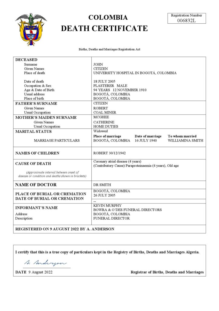 Colombia death certificate Word and PDF template, completely editable