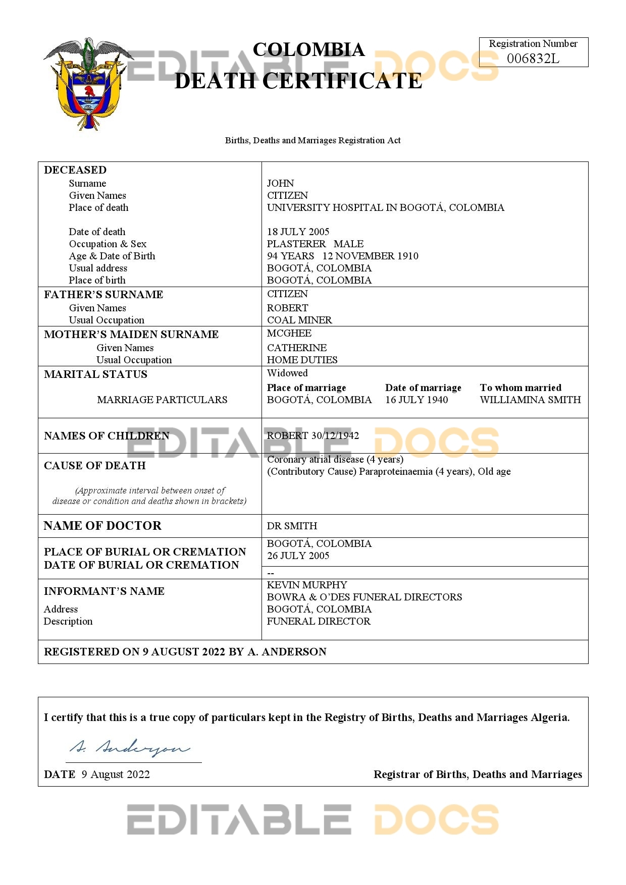 Fillable Colombia Death PDF Templates | Blank Docs
