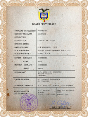 Colombia vital record death certificate PSD template, fully editable