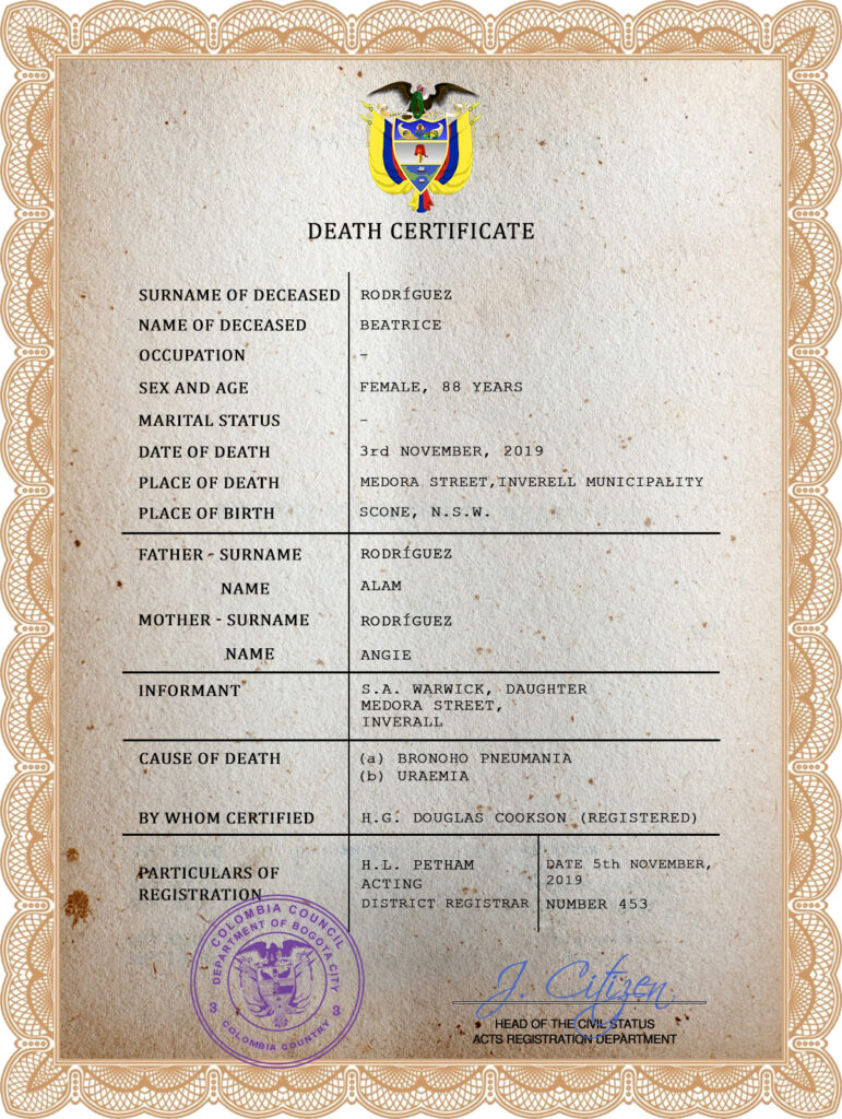 Colombia vital record death certificate PSD template, fully editable