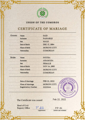 Comoros Marriage Certificate Editable PSD Templates