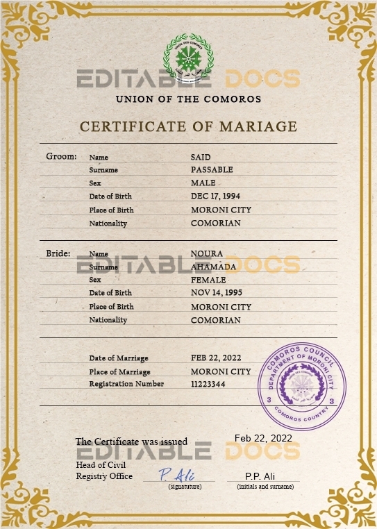 Comoros Marriage Certificate Editable PSD Templates