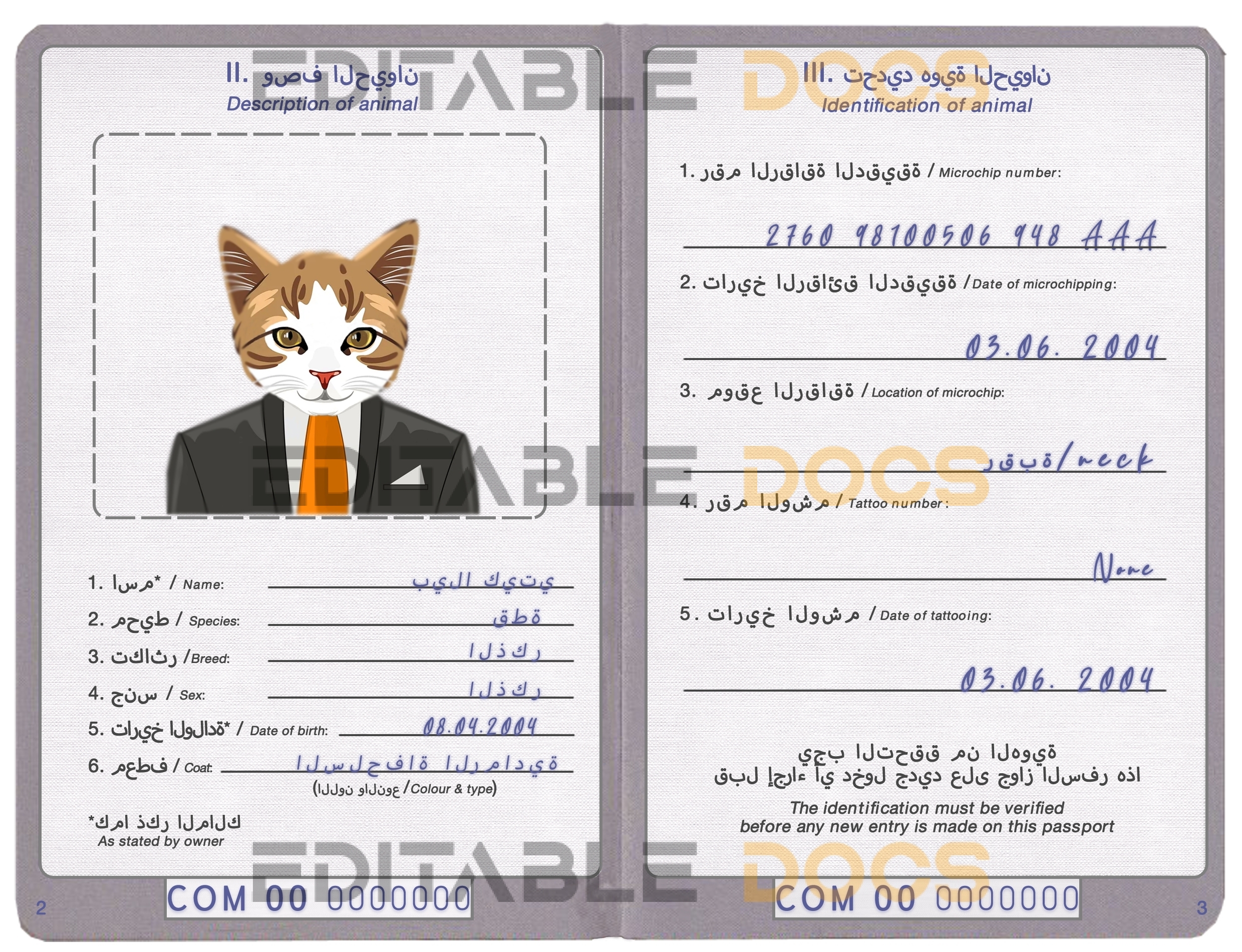 Comoros cat Fake PSD Passport | Instant Download