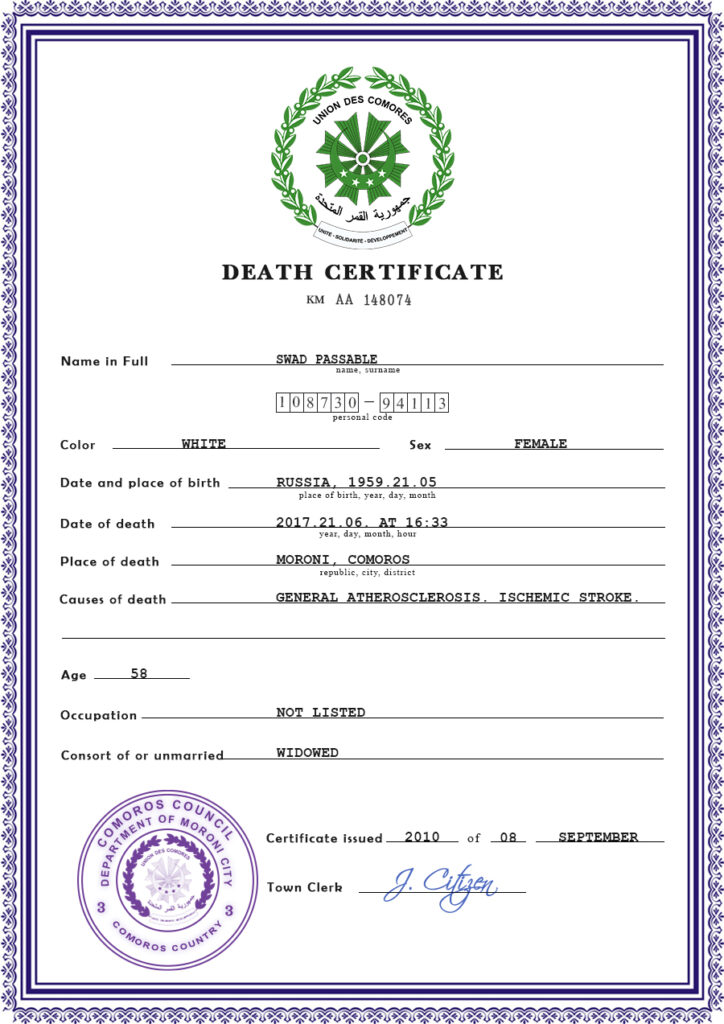 Comoros death certificate PSD template, completely editable