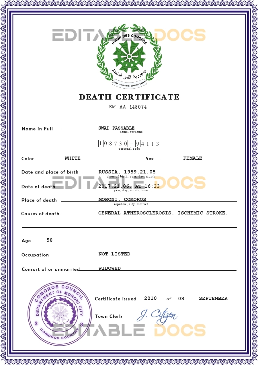 Customizable Comoros Death Certificate PSD Templates | Instant Download
