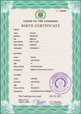 Authentic Comoros Birth Certificate Template | Customize and Download Online