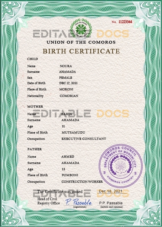 Authentic Comoros Birth Certificate Template | Customize and Download Online