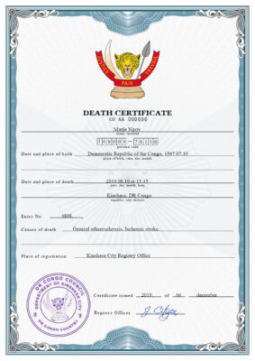 Congo (Democratic Republic of the Congo) vital record death certificate PSD template, completely editable