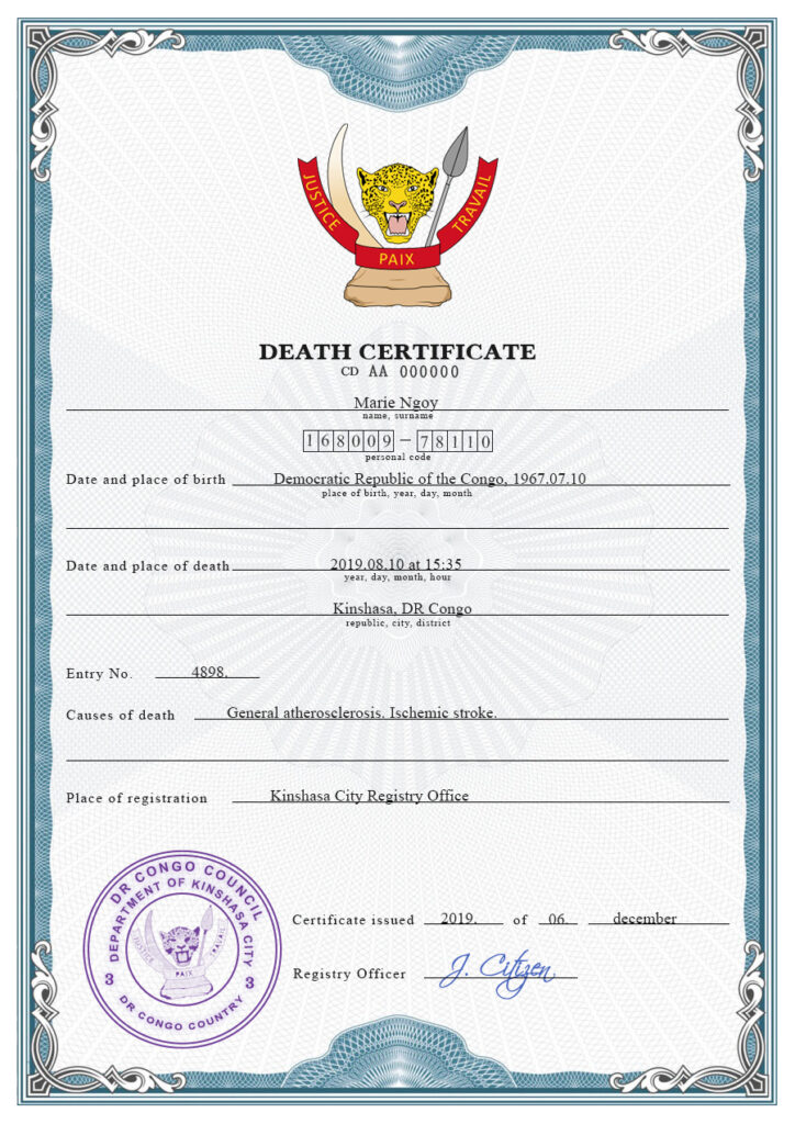 Congo (Democratic Republic of the Congo) vital record death certificate PSD template, completely editable