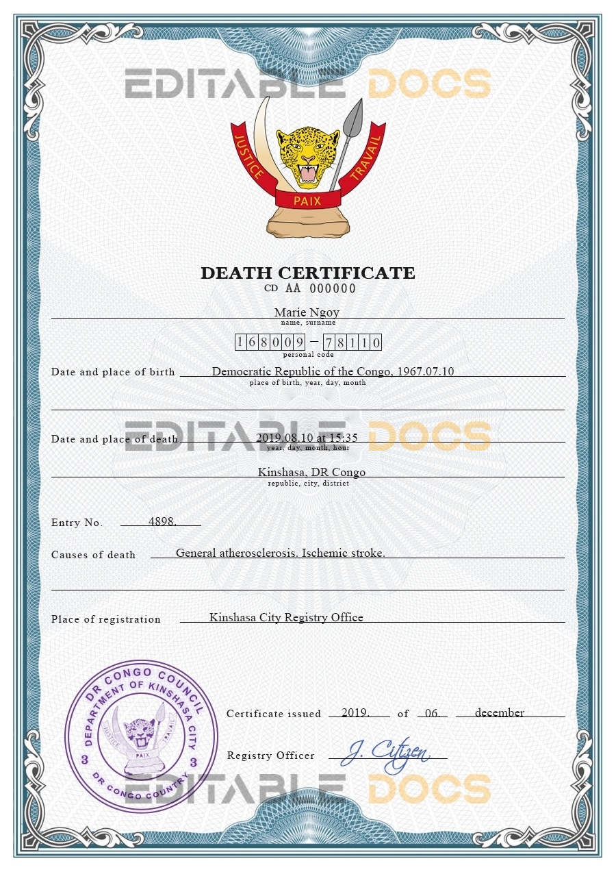 Customizable Congo (Democratic Republic of the Congo) Death Certificate PSD Templates | Instant Download